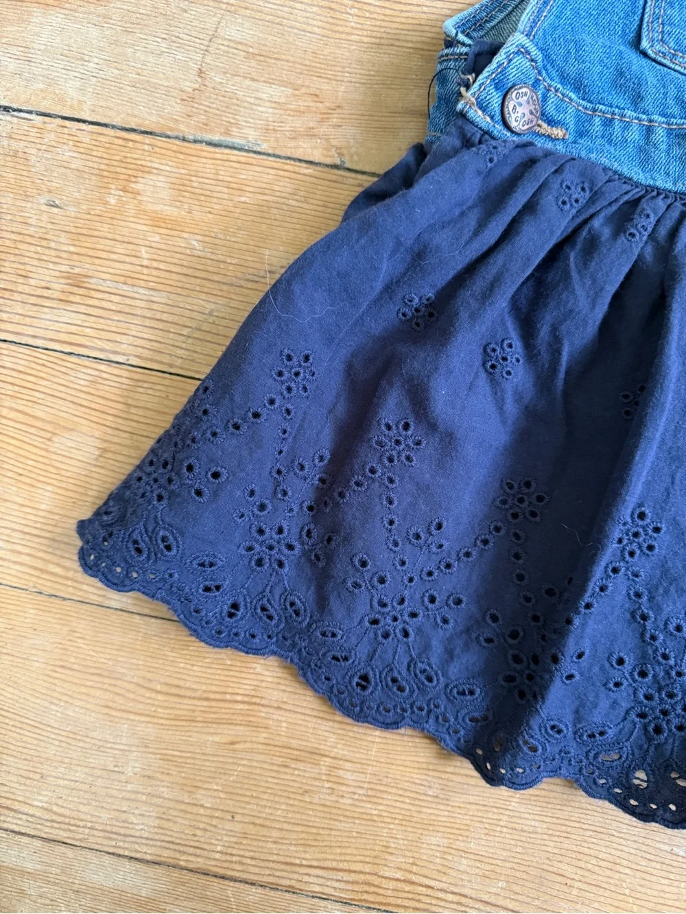OshKosh Denim and Navy Eyelet Skirt Overall Dress